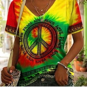 SOLD….SOLD….SOLD….SOLD
Vibrant Tie-Dye Peace V-Neck Tee
